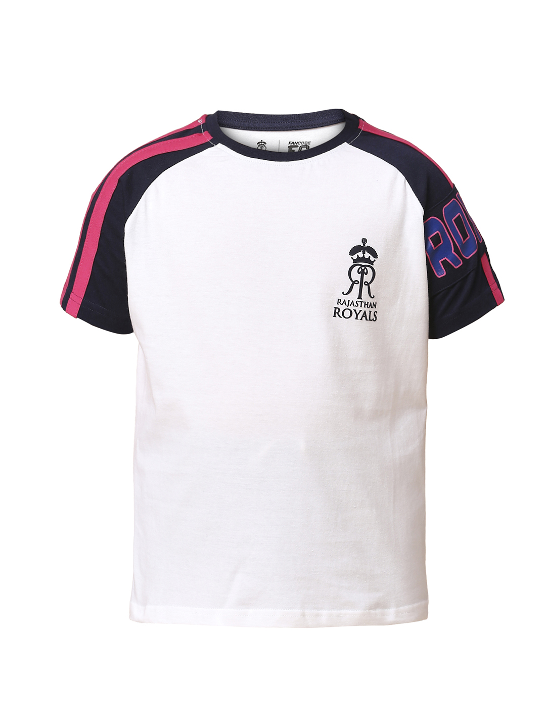 Rajasthan Royals Boys White and Navy Blue Colourblocked Half Sleeves Round Neck Cotton T-Shirt (7)