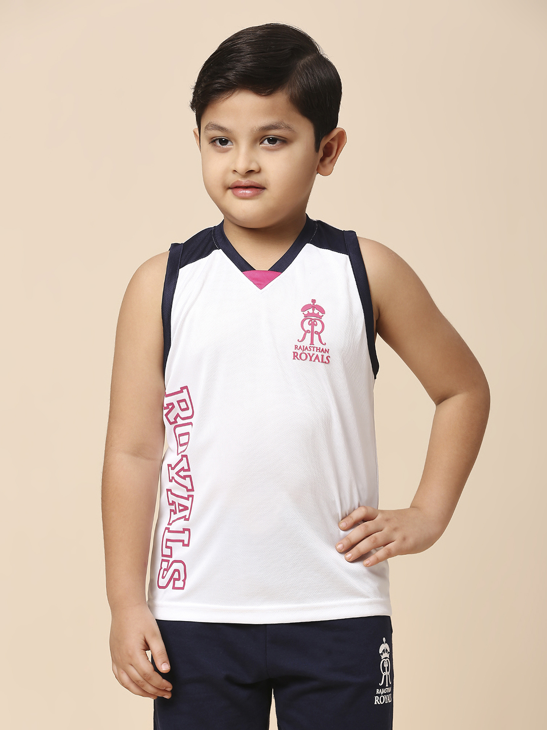 Rajasthan Royals Boys White Printed V-Neck Sleeveless Polyester Sports Vest (1)