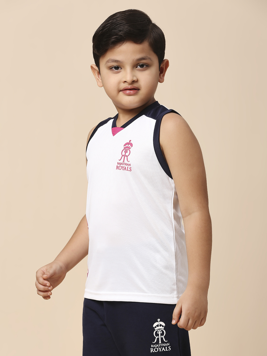 Rajasthan Royals Boys White Printed V-Neck Sleeveless Polyester Sports Vest (2)