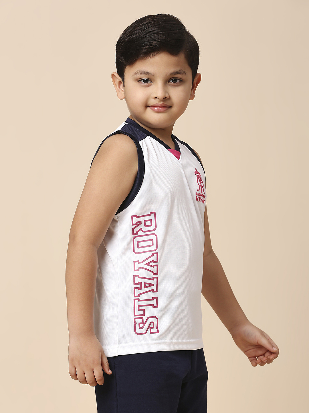 Rajasthan Royals Boys White Printed V-Neck Sleeveless Polyester Sports Vest (3)