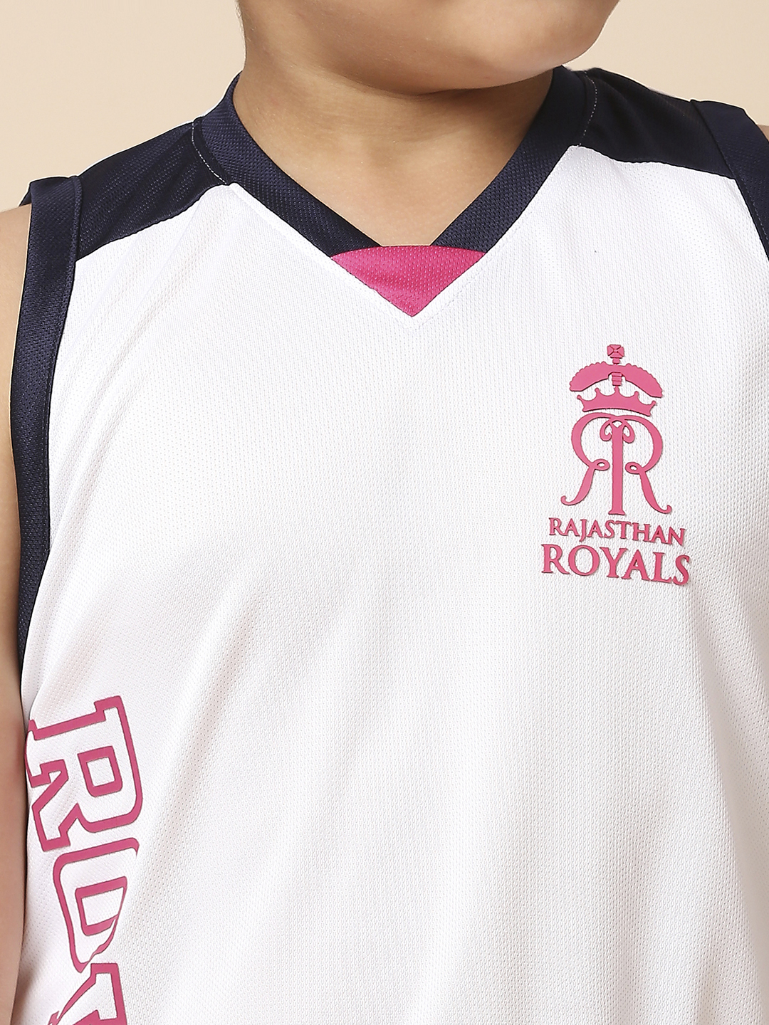 Rajasthan Royals Boys White Printed V-Neck Sleeveless Polyester Sports Vest (6)