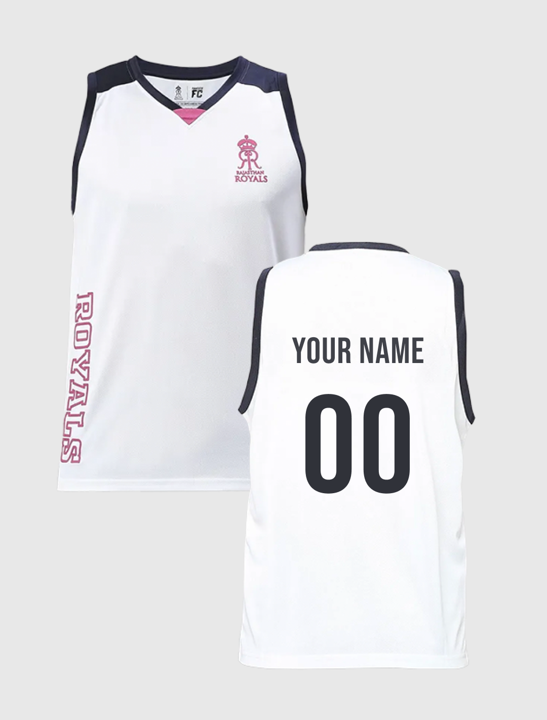 Rajasthan Royals Boys White Printed V-Neck Sleeveless Polyester Sports Vest: Customised With Your Name By FanCode (2)