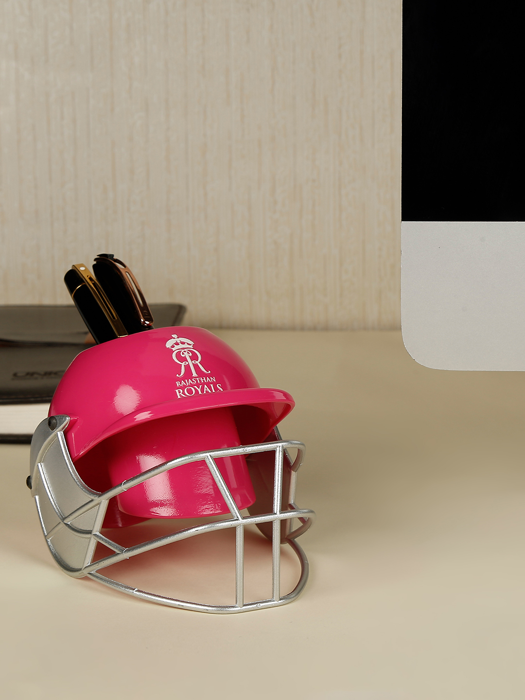 Helmet Shaped Pink Logo Printed Pen and Pencil Stand, Pen Holder For Office and Home