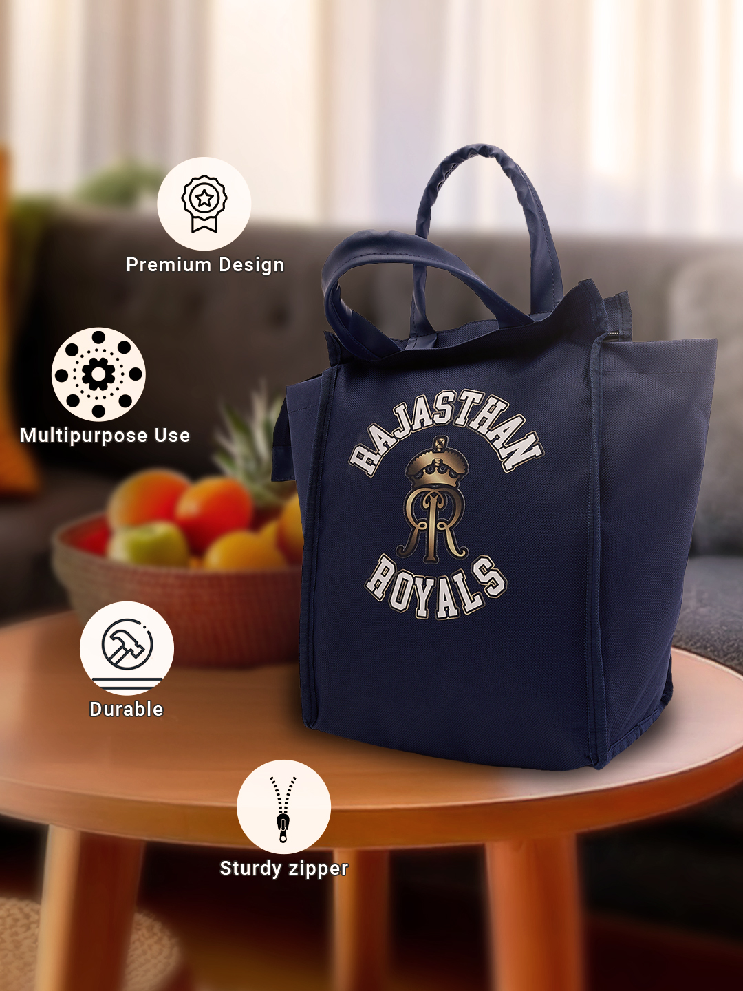 Rajasthan Royals Insulated Blue Lunch Bag for Men and Women with Canvas Fabric Zip Closure Multipurpose Bag (5)