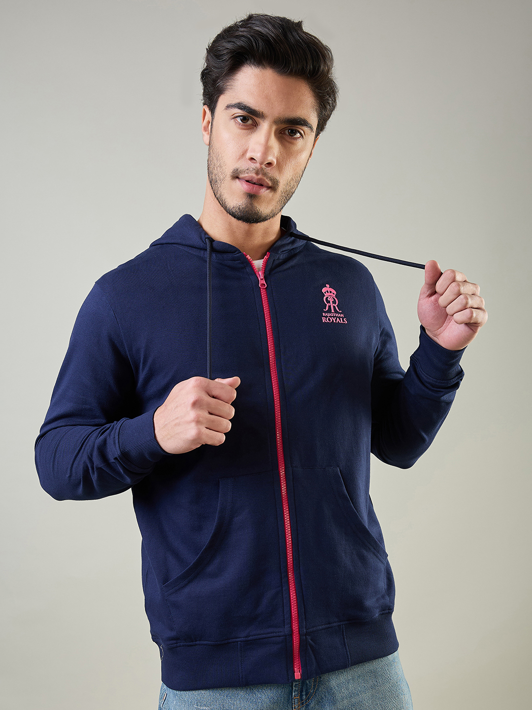Men Navy Blue Hooded Full Sleeves Front-Open Sweatshirt