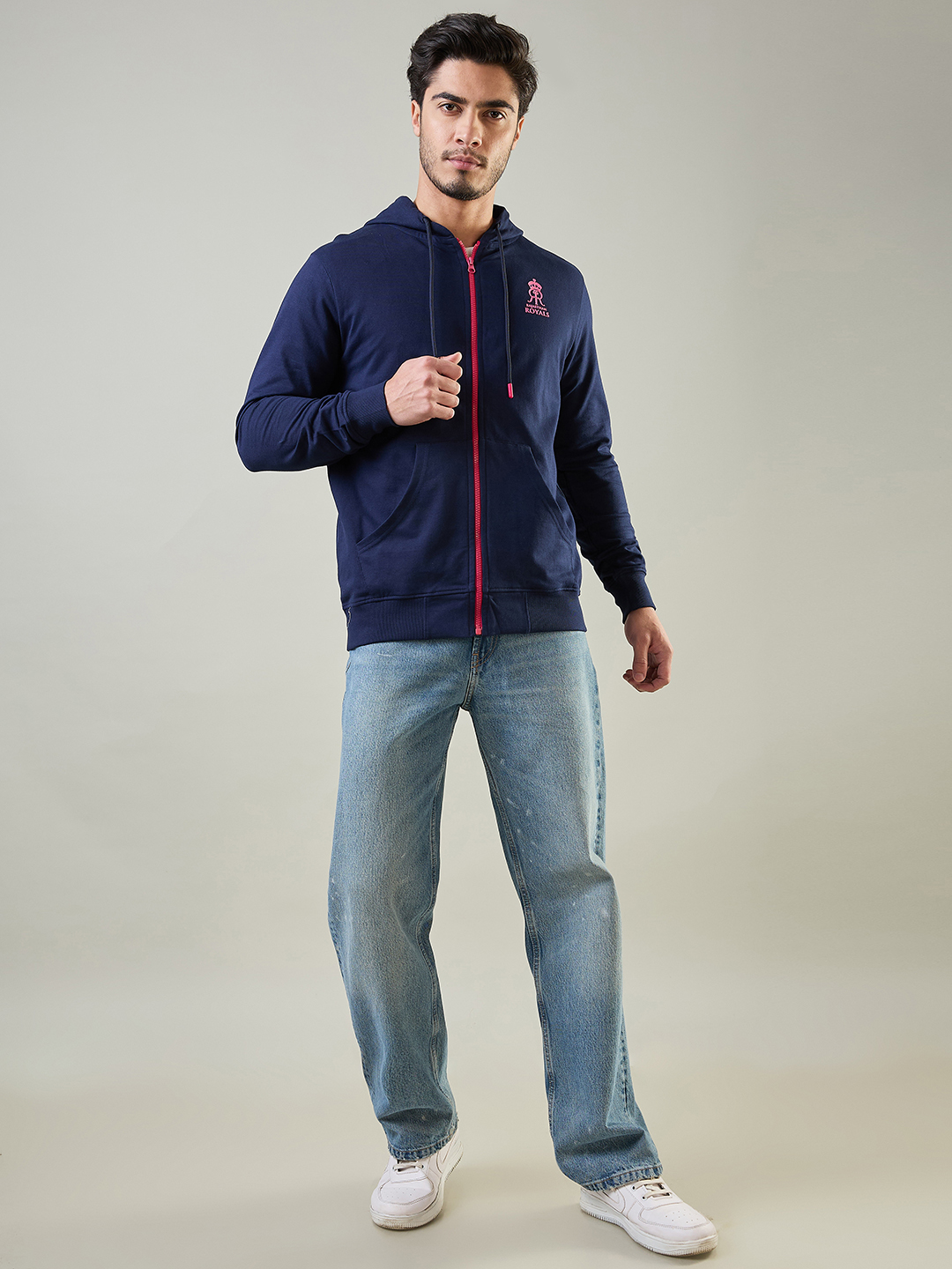 Rajasthan Royals Men Navy Blue Hooded Full Sleeves Front-Open Sweatshirt (5)