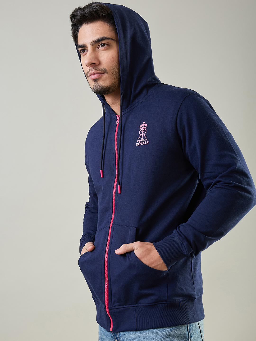 Rajasthan Royals Men Navy Blue Hooded Full Sleeves Front-Open Sweatshirt (3)