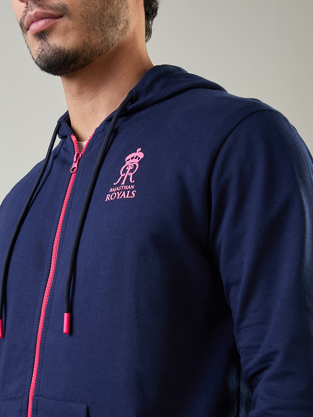 Rajasthan Royals Men Navy Blue Hooded Full Sleeves Front-Open Sweatshirt (4)