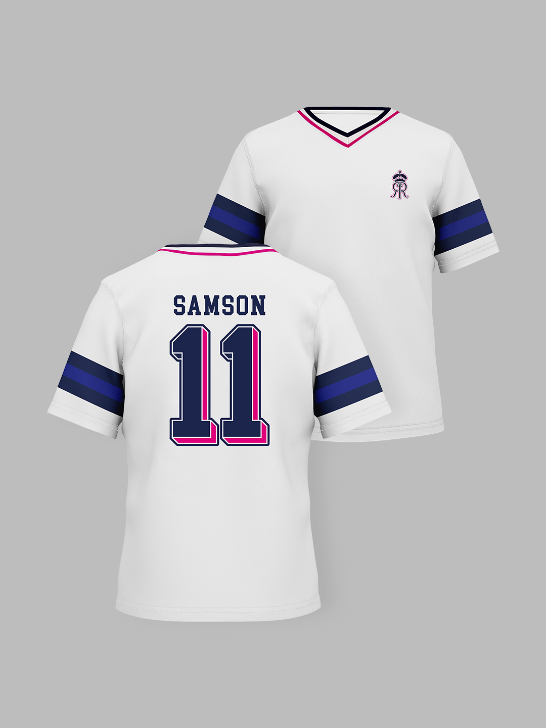 Rajasthan Royals Kids Boys White and Navy Blue Half Sleeves V-Neck Samson 11 Printed Oversized T-Shirt