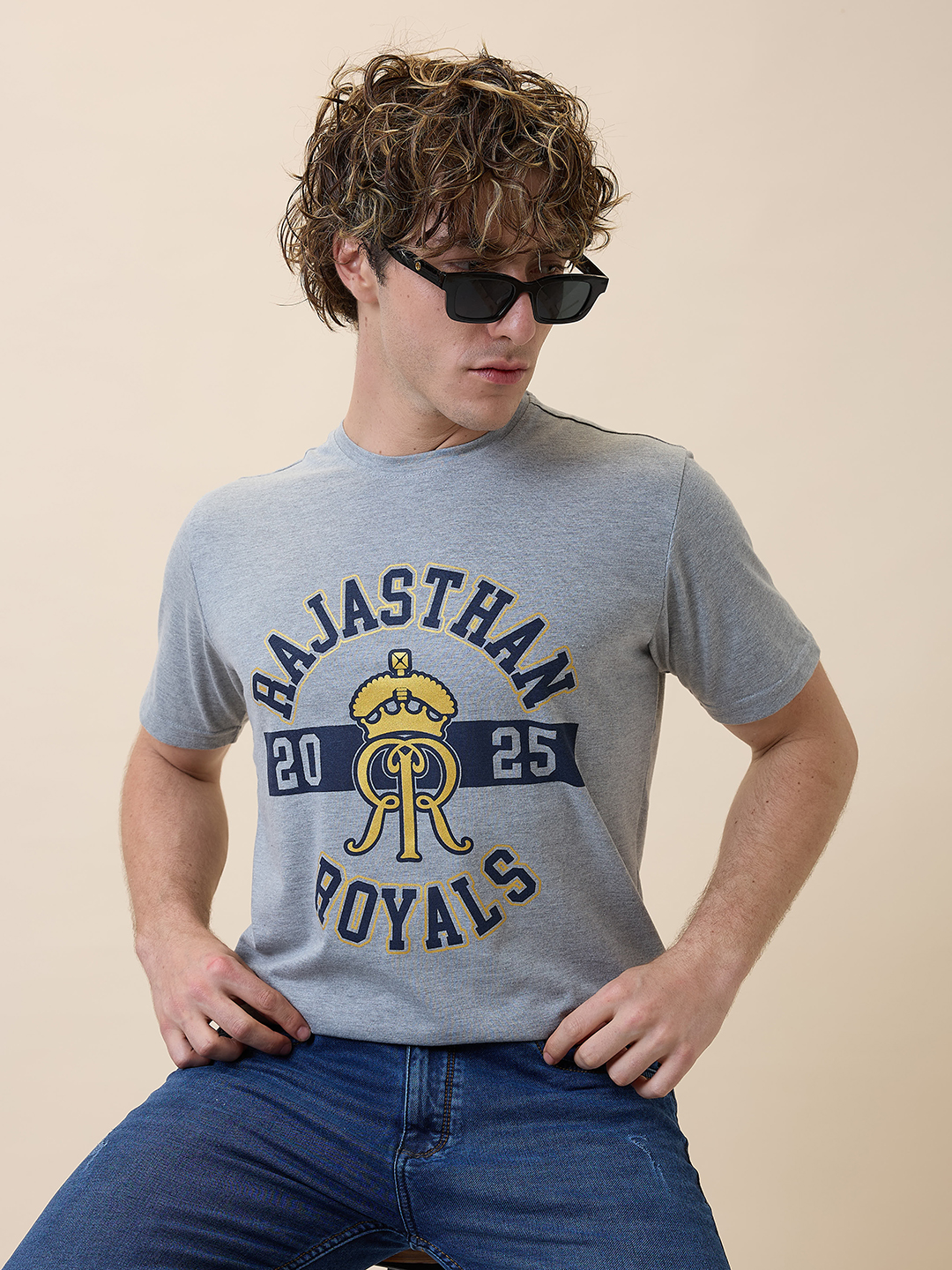 Rajasthan Royals Men Anthra Melange Logo Printed Half Sleeves Round Neck Cotton T-Shirt