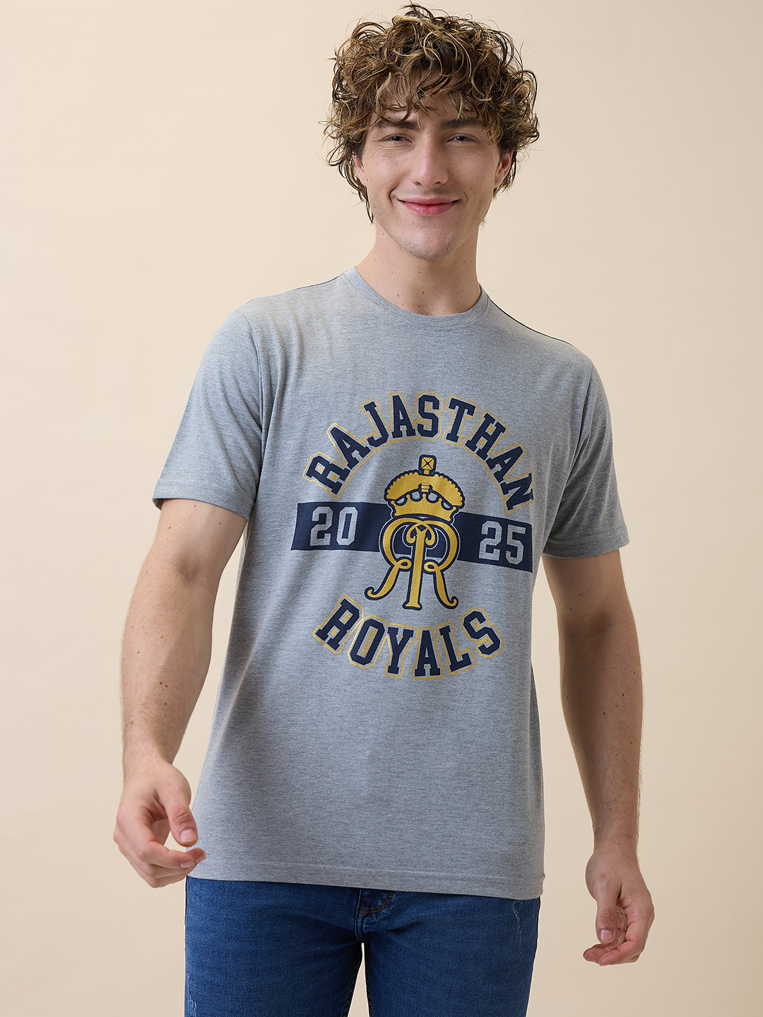 Rajasthan Royals Men Anthra Melange Logo Printed Half Sleeves Round Neck Cotton T-Shirt (2)