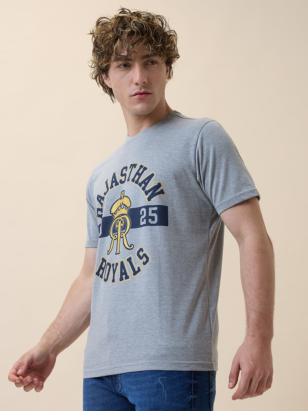 Rajasthan Royals Men Anthra Melange Logo Printed Half Sleeves Round Neck Cotton T-Shirt (4)