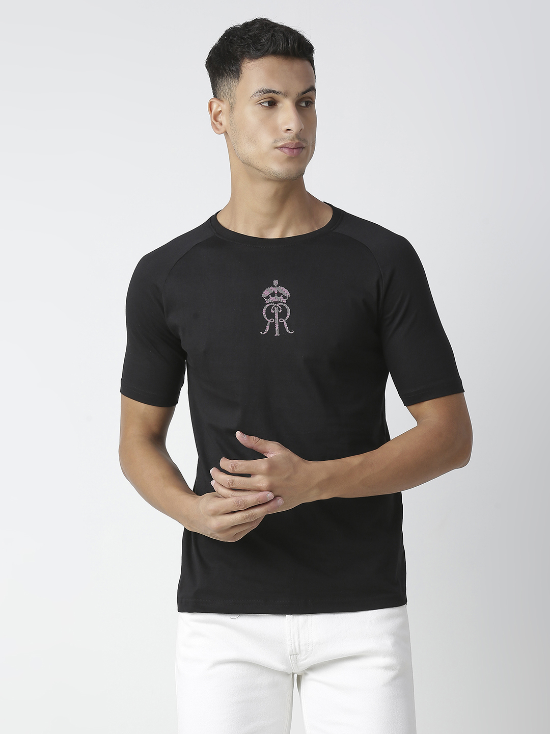 Men Black and Pink Logo Printed Half Sleeves Round Neck Cotton T-Shirt