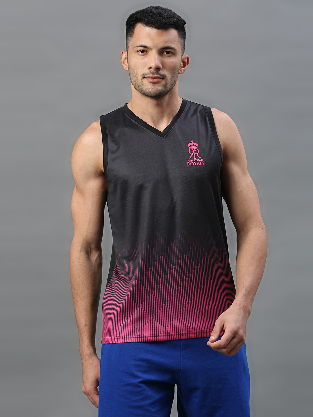 Rajasthan Royals Men Black and Pink Printed Sleeveless V-Neck Sports Vest (1)