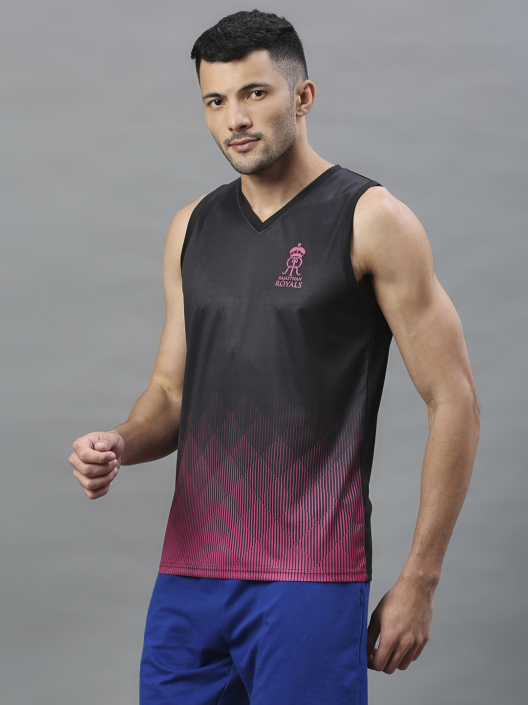 Rajasthan Royals Men Black and Pink Printed Sleeveless V-Neck Sports Vest (4)