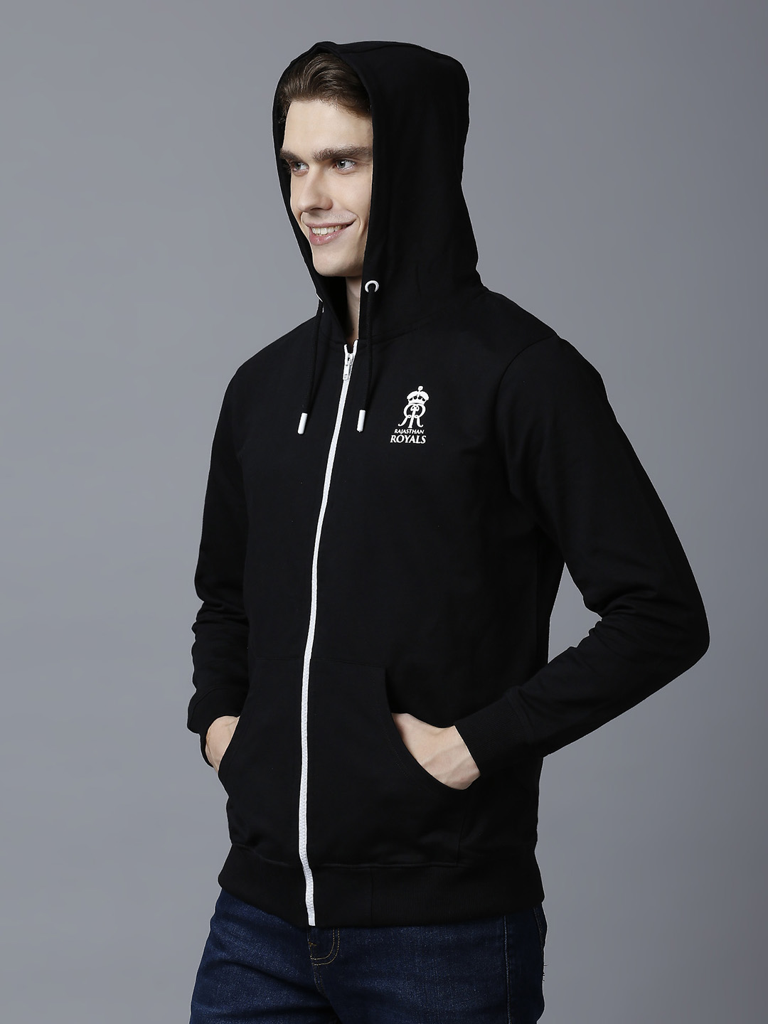 Rajasthan Royals Men Black Hooded Full Sleeves Front-Open Sweatshirt (3)