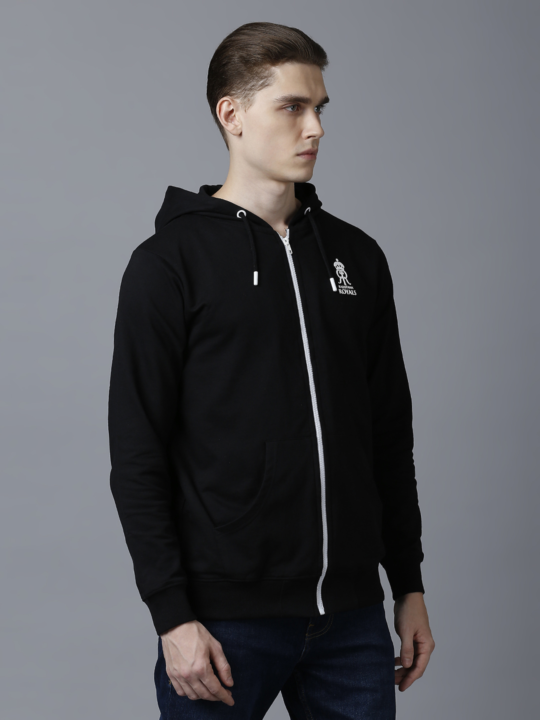 Rajasthan Royals Men Black Hooded Full Sleeves Front-Open Sweatshirt (4)