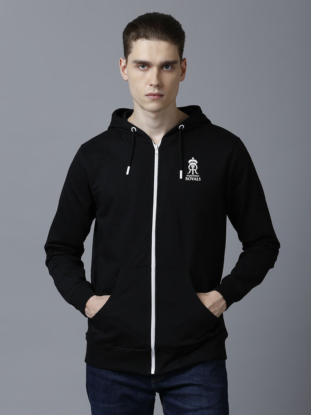 Rajasthan Royals Men Black Hooded Full Sleeves Front-Open Sweatshirt (6)