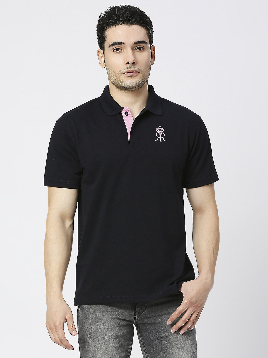 Rajasthan Royals Men Black Solid Half Sleeves Polo Collar Cotton T-Shirt (1)