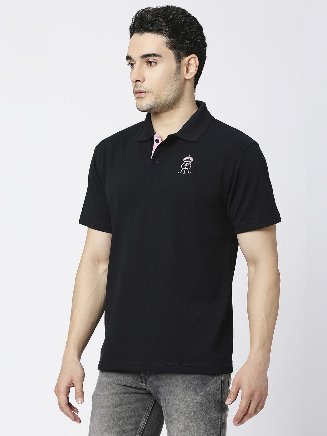 Rajasthan Royals Men Black Solid Half Sleeves Polo Collar Cotton T-Shirt (2)