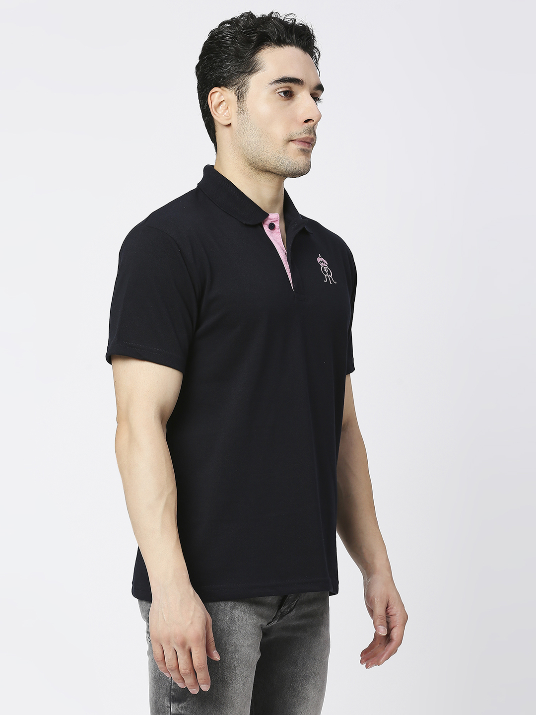 Rajasthan Royals Men Black Solid Half Sleeves Polo Collar Cotton T-Shirt (3)