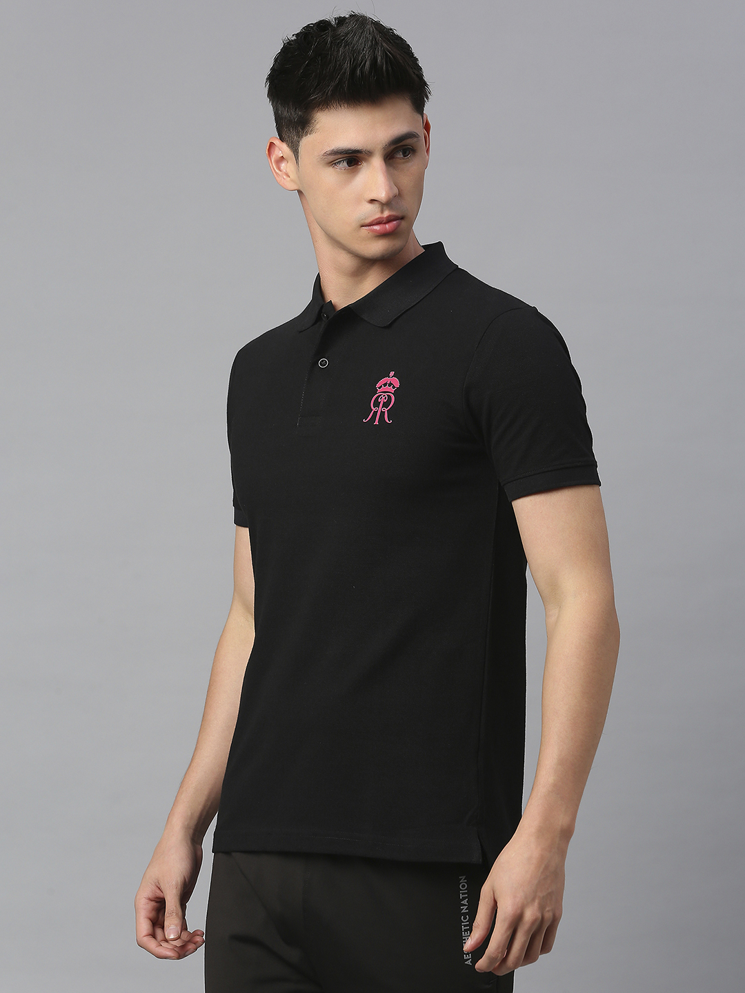 Rajasthan Royals Men Black Solid Half Sleeves Polo Collar Halla Bol Cotton T-Shirt (2)
