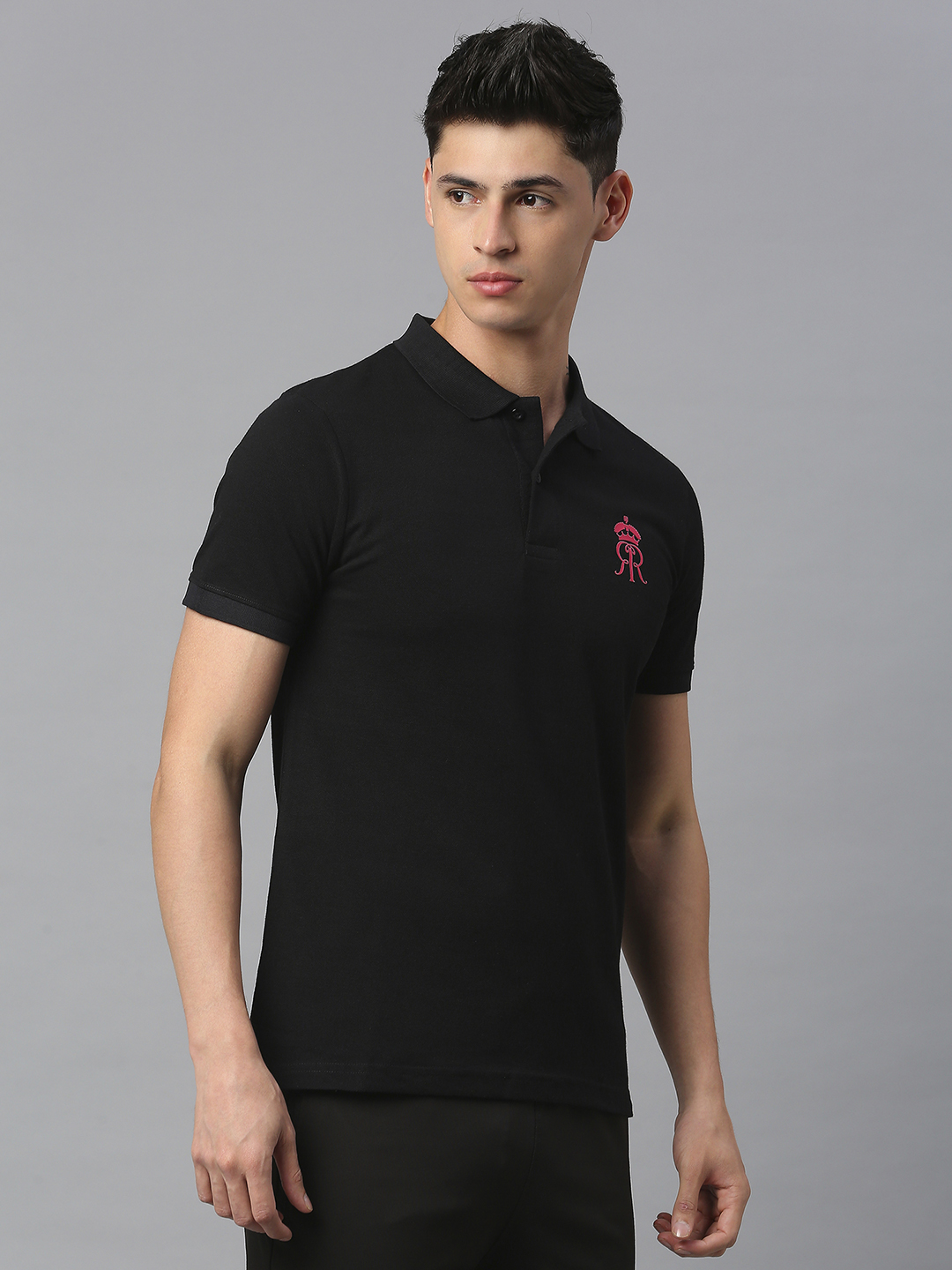 Rajasthan Royals Men Black Solid Half Sleeves Polo Collar Halla Bol Cotton T-Shirt (3)