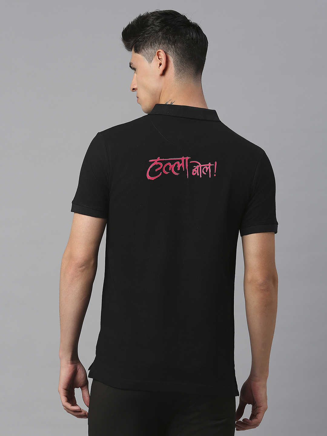 Rajasthan Royals Men Black Solid Half Sleeves Polo Collar Halla Bol Cotton T-Shirt (4)