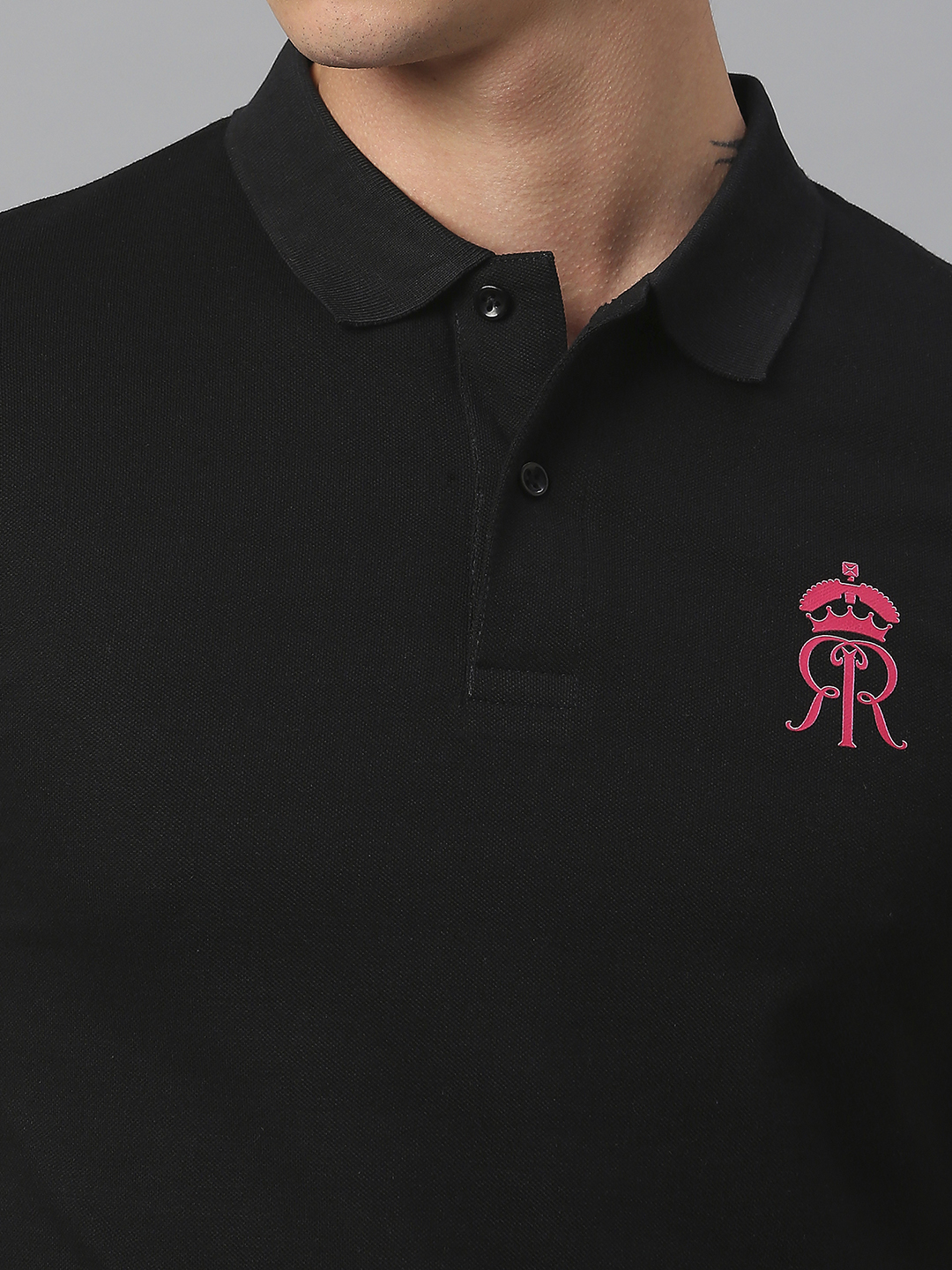 Rajasthan Royals Men Black Solid Half Sleeves Polo Collar Halla Bol Cotton T-Shirt (5)