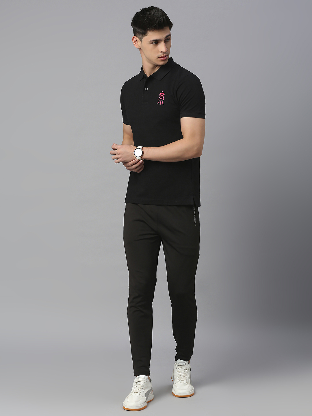 Rajasthan Royals Men Black Solid Half Sleeves Polo Collar Halla Bol Cotton T-Shirt (6)