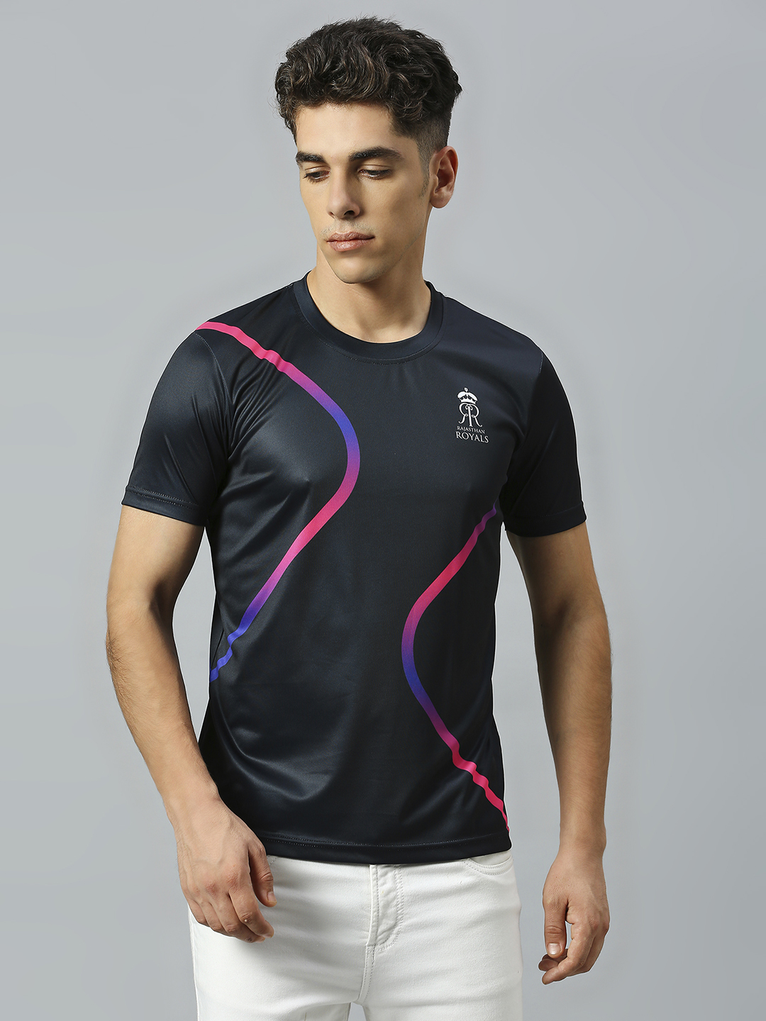 Rajasthan Royals Men Black Solid Half Sleeves Round Neck Polyester T-Shirt