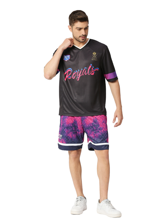 Rajasthan Royals Men Black Typography Printed Half Sleeves V-Neck Athletic Polyester Jersey (1)