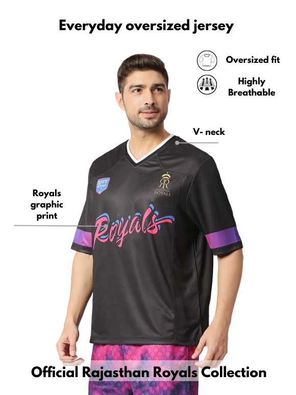 Rajasthan Royals Men Black Typography Printed Half Sleeves V-Neck Athletic Polyester Jersey (3)