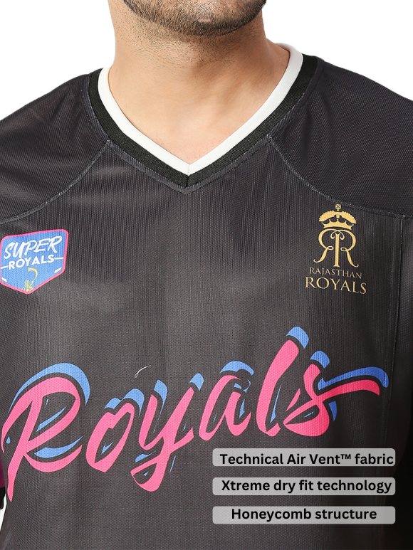 Rajasthan Royals Men Black Typography Printed Half Sleeves V-Neck Athletic Polyester Jersey (5)