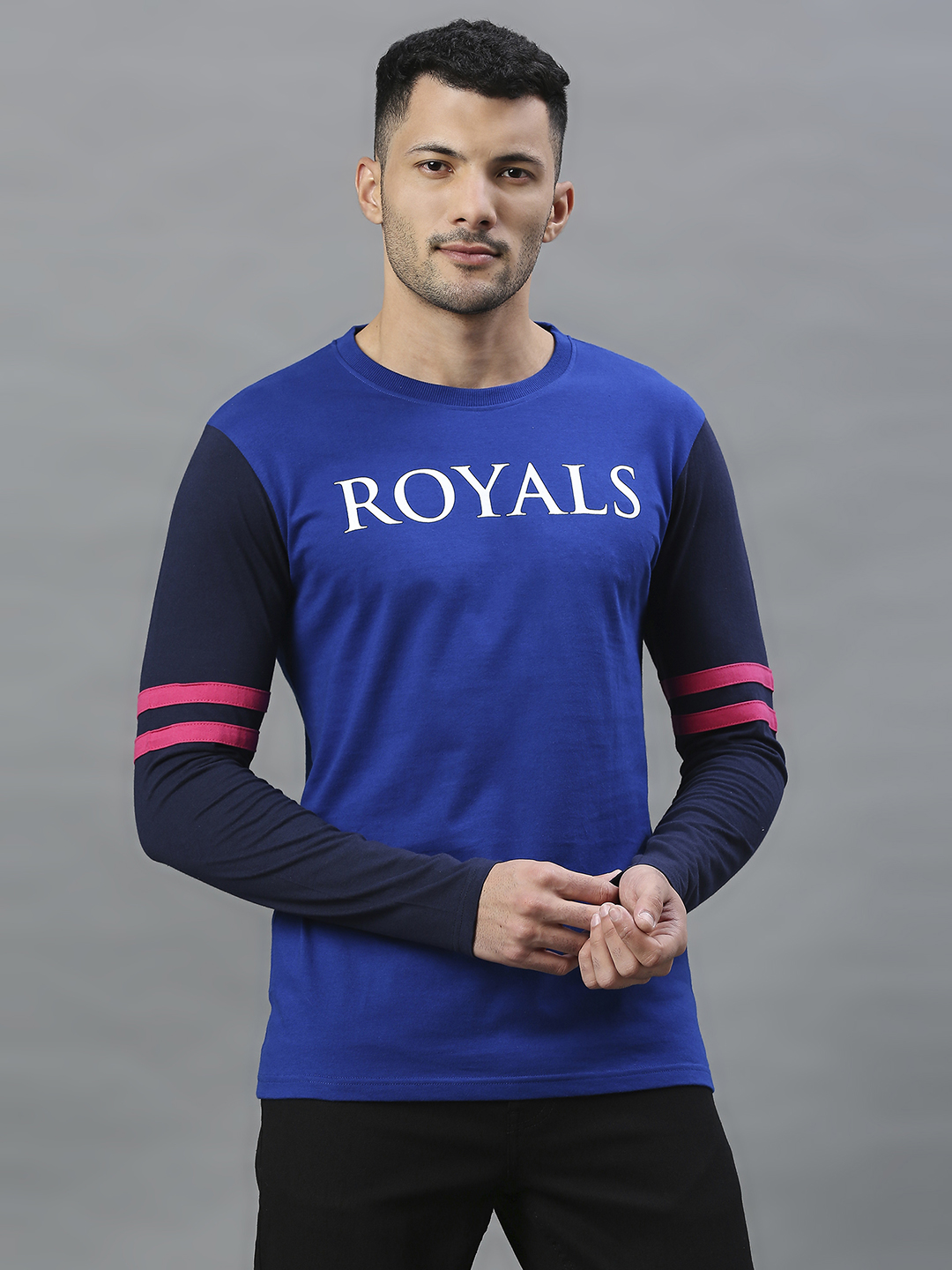 Rajasthan Royals Men Blue and Black Colourblocked Full Sleeves Round Neck Cotton T-Shirt