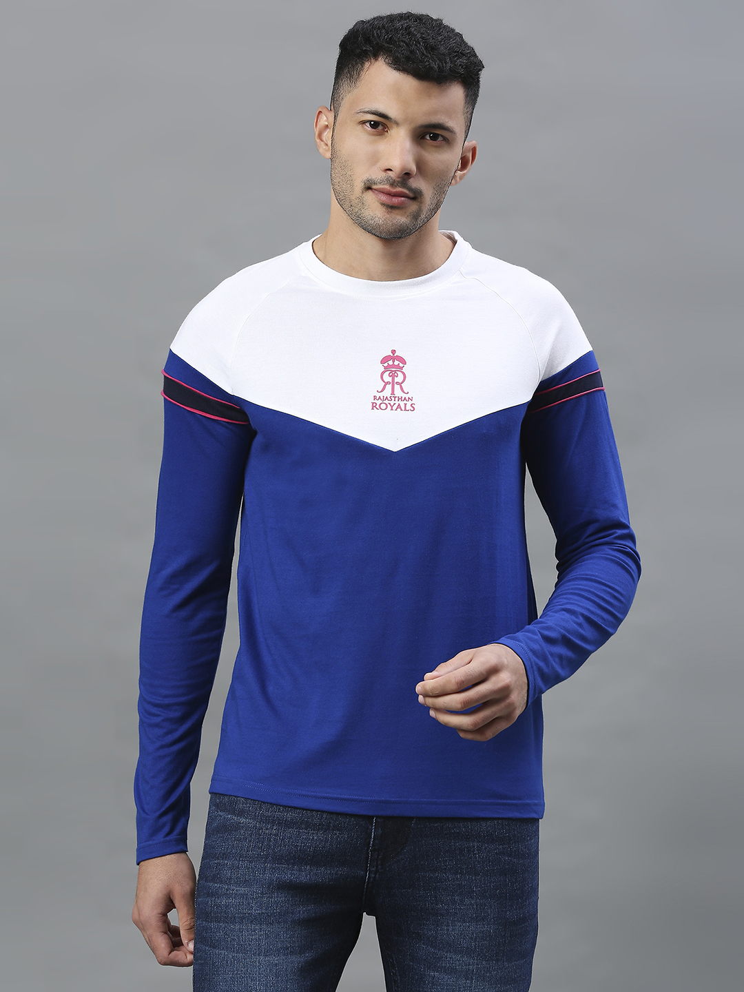 Rajasthan Royals Men Blue and White Colourblocked Full Sleeves Polo Collar Cotton T-Shirt (1)