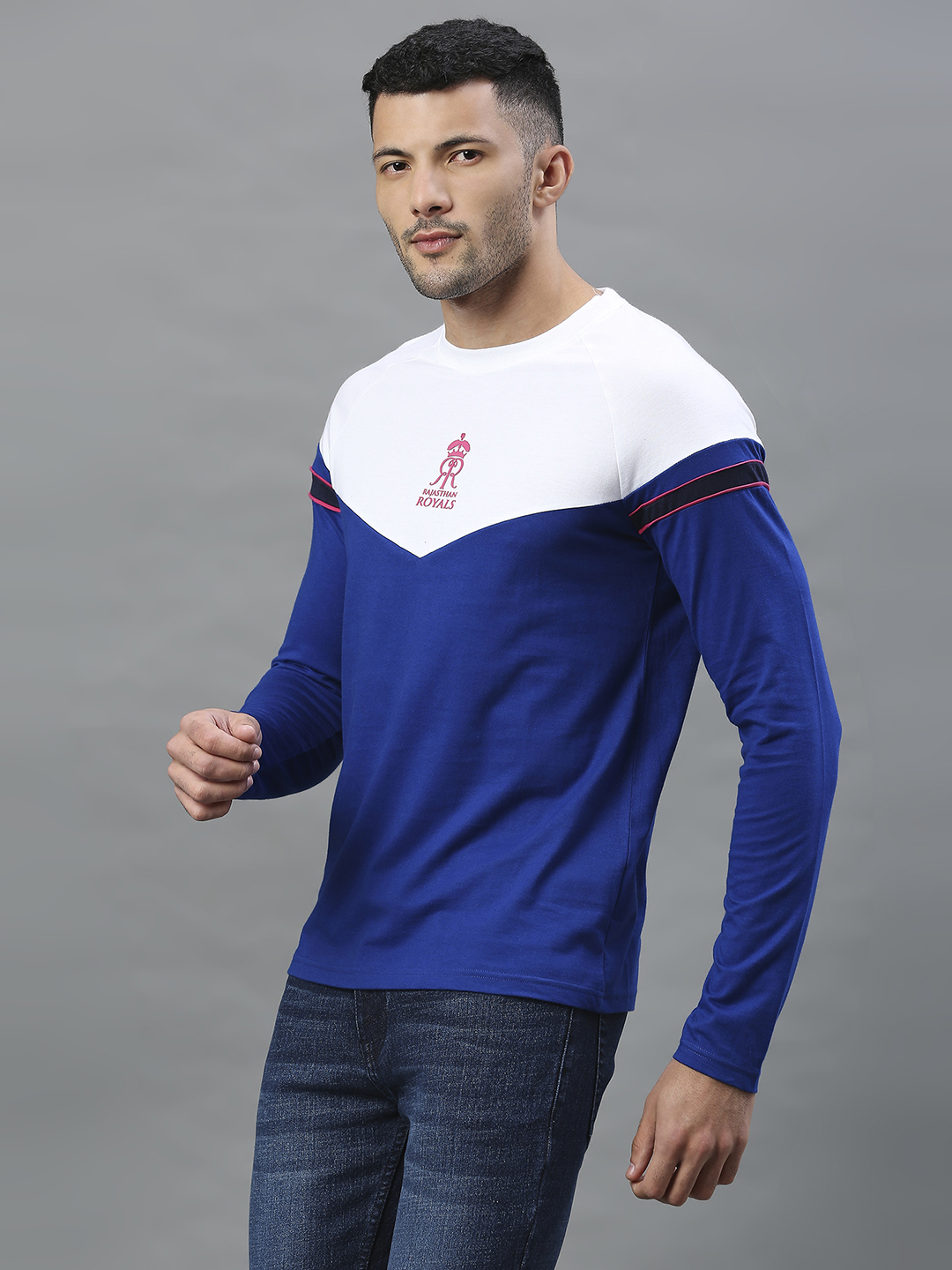 Rajasthan Royals Men Blue and White Colourblocked Full Sleeves Polo Collar Cotton T-Shirt (4)