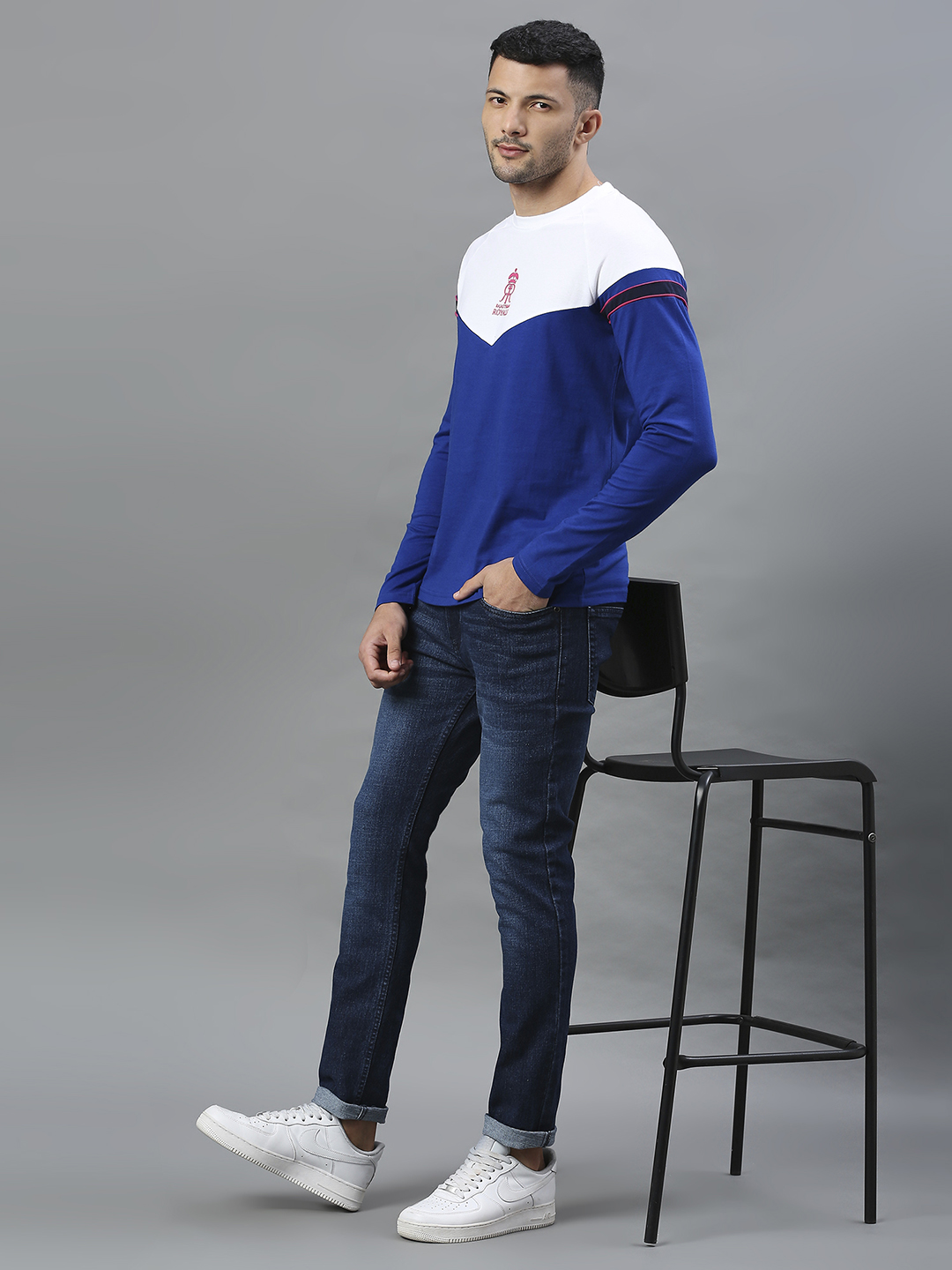 Rajasthan Royals Men Blue and White Colourblocked Full Sleeves Polo Collar Cotton T-Shirt (5)