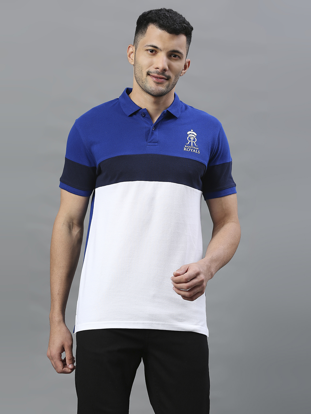 Men Blue and White Colourblocked Half Sleeves Polo Collar Cotton T-Shirt