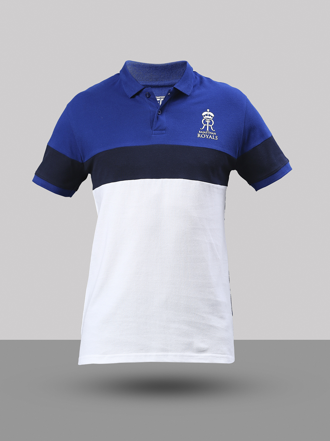 Rajasthan Royals Men Blue and White Colourblocked Half Sleeves Polo Collar Cotton T-Shirt (2)