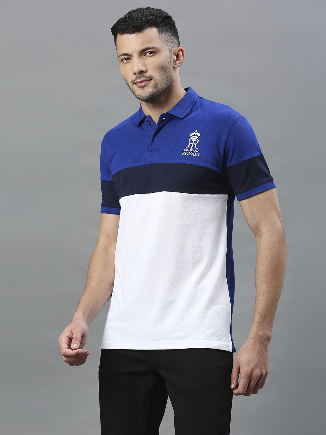 Rajasthan Royals Men Blue and White Colourblocked Half Sleeves Polo Collar Cotton T-Shirt (4)
