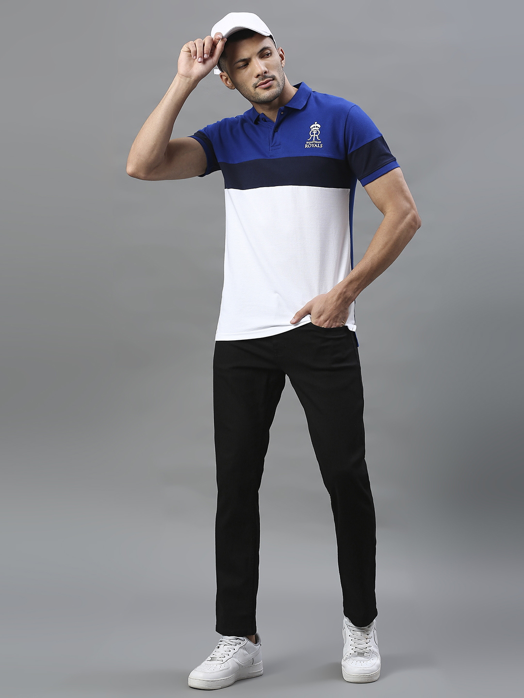 Rajasthan Royals Men Blue and White Colourblocked Half Sleeves Polo Collar Cotton T-Shirt (5)