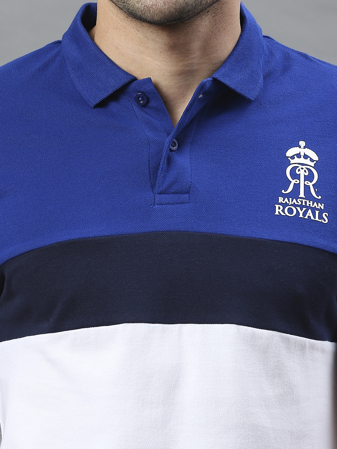 Rajasthan Royals Men Blue and White Colourblocked Half Sleeves Polo Collar Cotton T-Shirt (6)