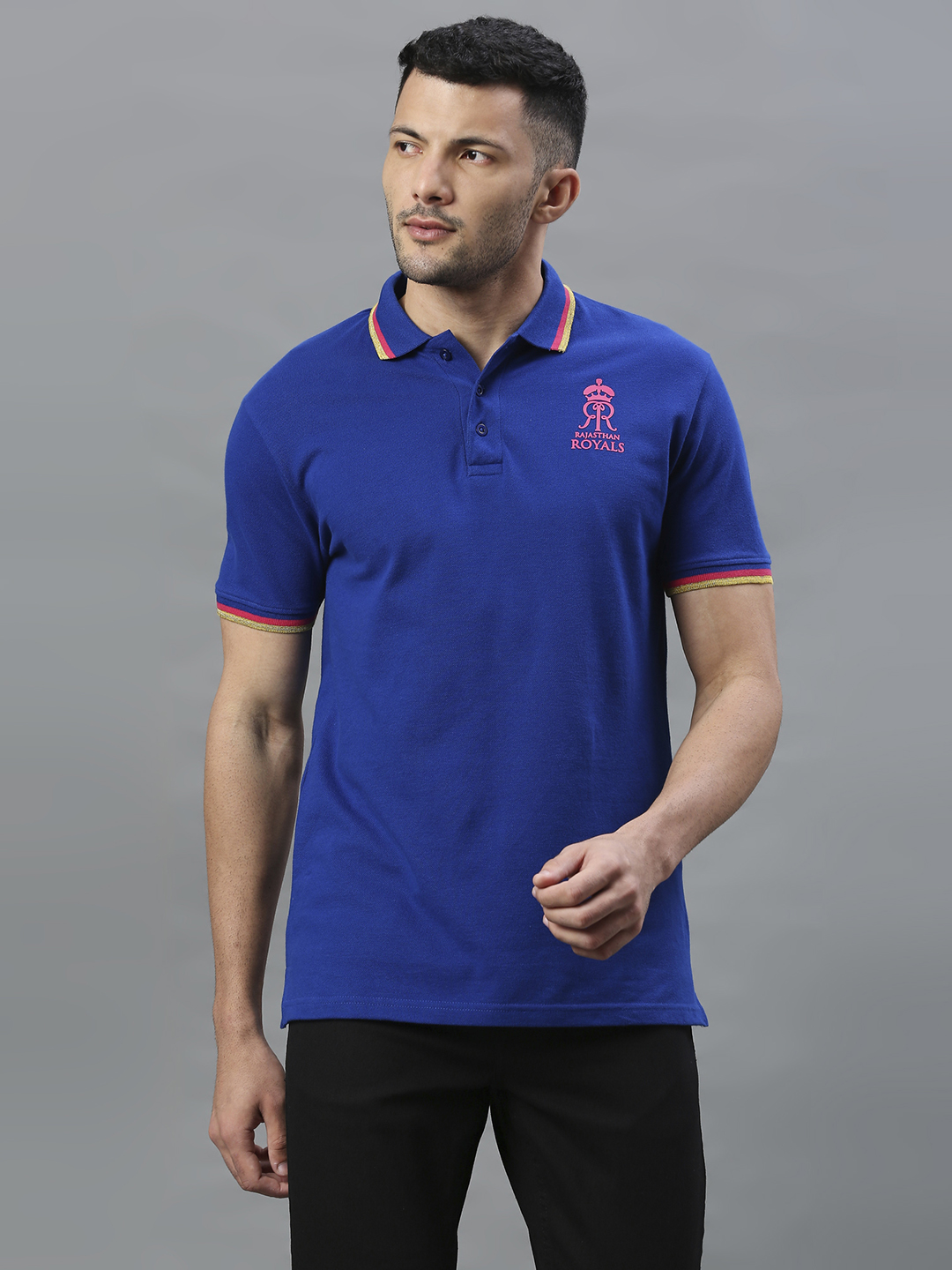 Men Blue Solid Half Sleeves Polo Collar Cotton T-Shirt