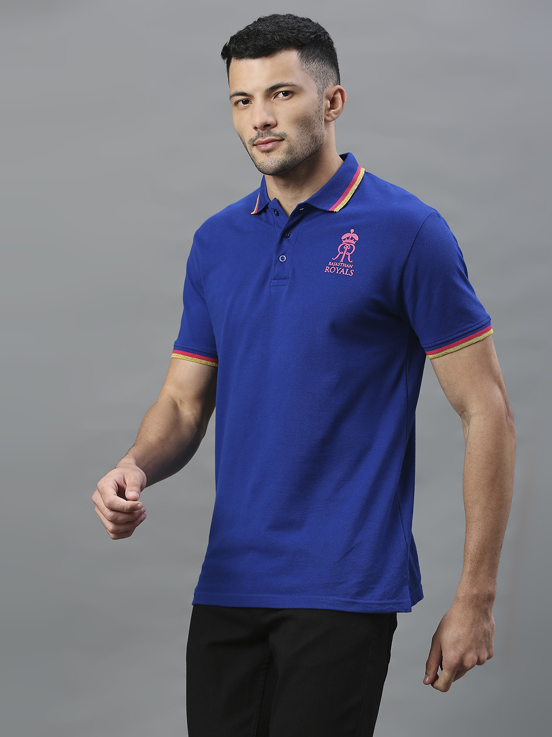 Rajasthan Royals Men Blue Solid Half Sleeves Polo Collar Cotton T-Shirt (4)