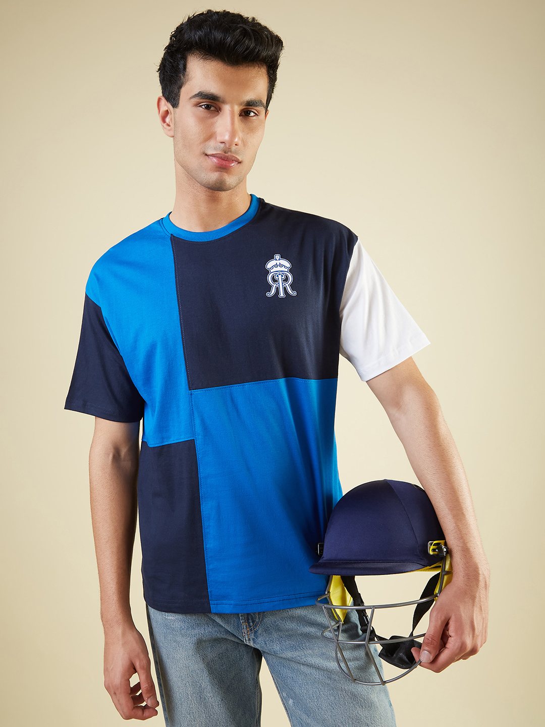 Rajasthan Royals Men Colourblocked Half Sleeves Round Neck Oversized T-Shirt