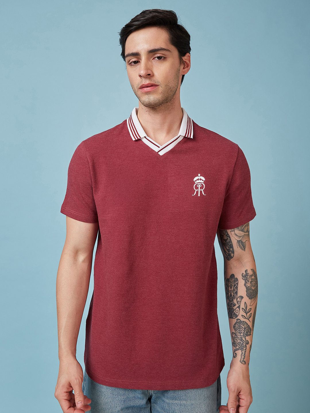 Rajasthan Royals Men Maroon Popcorn Textured Premium Cotton Polo Neck T-Shirt (2)