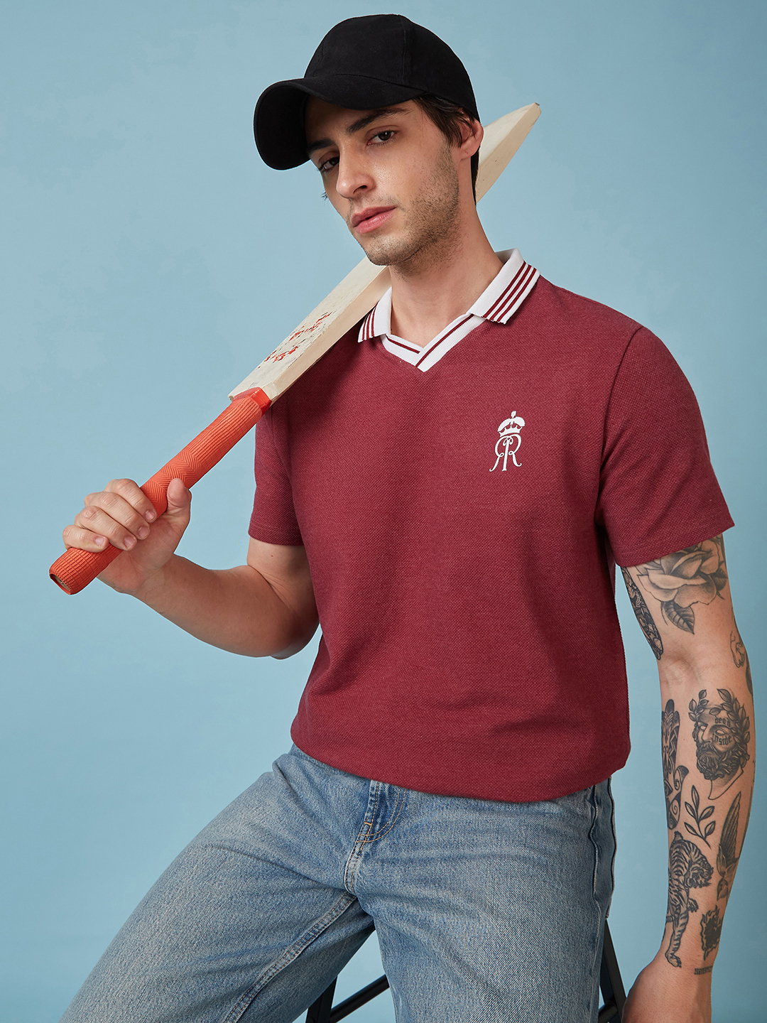 Men Maroon Popcorn Textured Premium Cotton Polo Neck T-Shirt