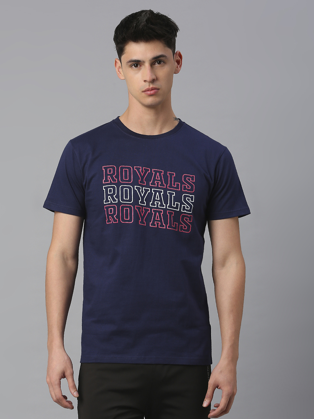 Rajasthan Royals Men Navy Blue and Pink Printed Half Sleeves Round Neck Royals Cotton T-Shirt