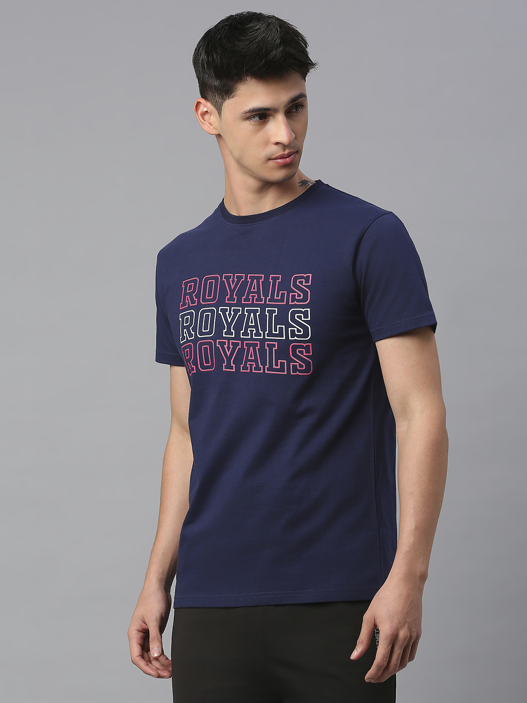 Rajasthan Royals Men Navy Blue and Pink Printed Half Sleeves Round Neck Royals Cotton T-Shirt (2)